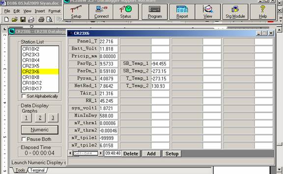 Screen shot of tower met data logger table