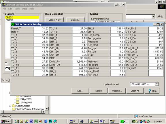 Screen shot of Vaira data logger table