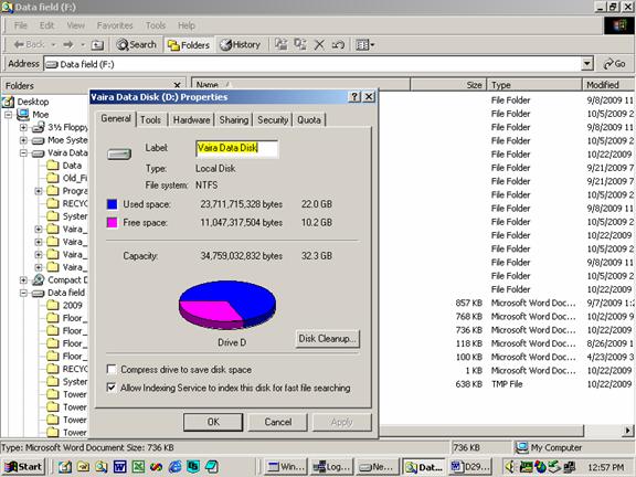 Screen shot of Vaira free disk space