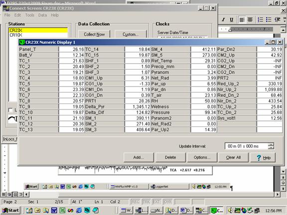 Screen shot of Vaira data logger table