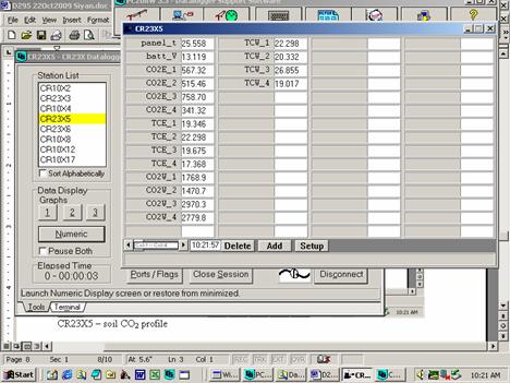 Screen shot of soil co2 data logger table