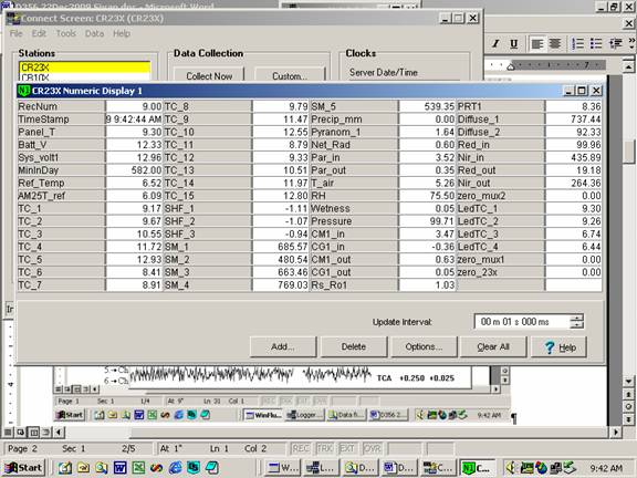 Screen shot of Vaira data logger table
