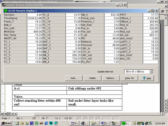 Screen shot of Vaira met data logger table