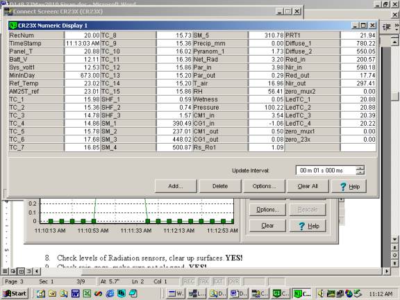 Screen shot of table showing rain gauge test data