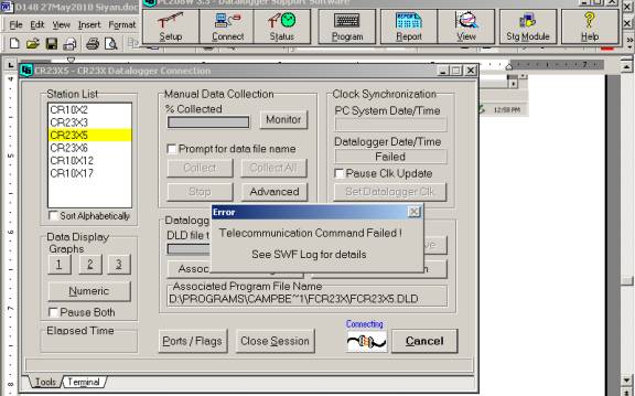 Screen shot of failed connection with soil co2 data logger