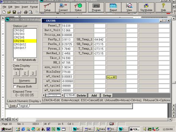 Screen shot of tower met data logger table