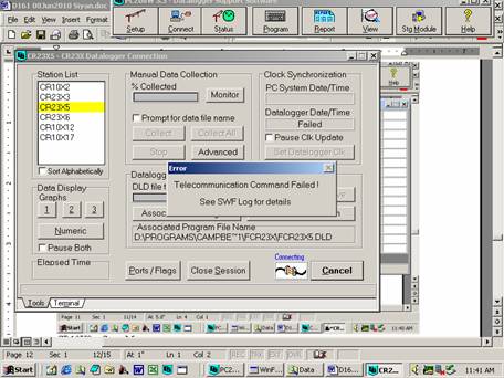 Screen shot of failed connection to soil co2 data logger