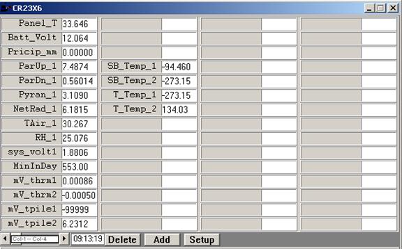Screen shot of tower met data logger table