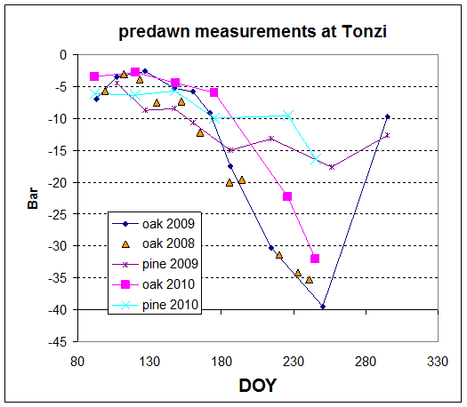 Line plot showing leaf water potential 2008-2010