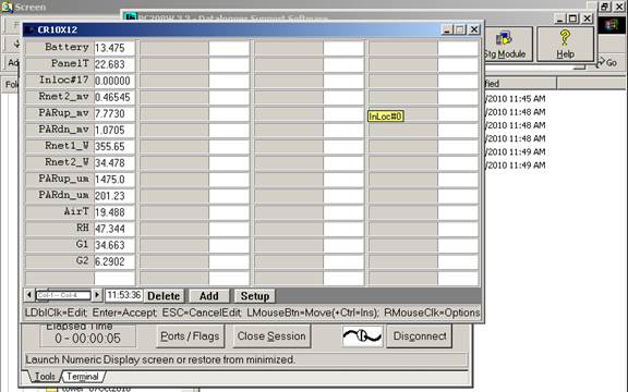 Screen shot of under canopy energy data logger table