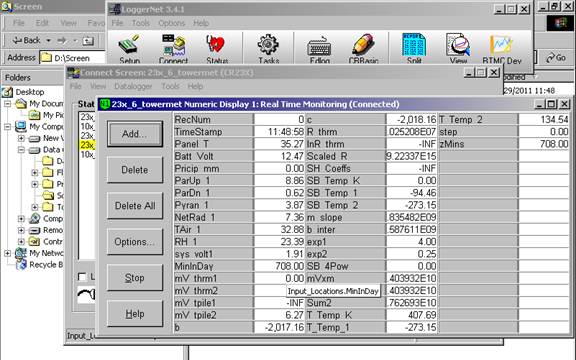 Screen shot of tower met data logger table