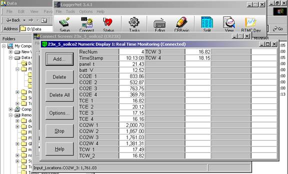Screen shot of soil co2 data logger table
