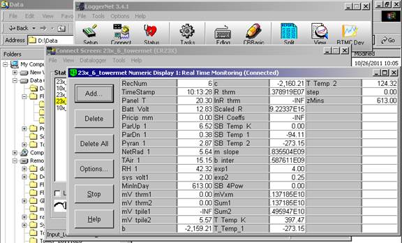 Screen shot of tower met data logger table