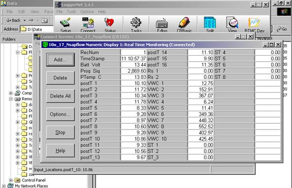 Screen shot of sap flow data logger table