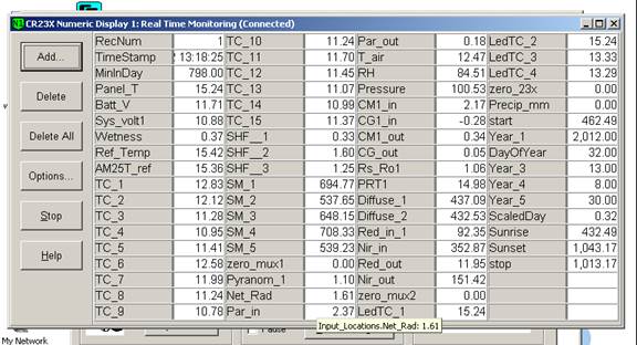 Screen shot of Vaira data logger table