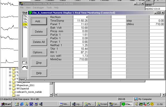 Screen shot of tower met data logger table