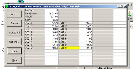 Screen shot of soil co2 data logger table