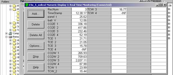 Screen shot of soil co2 data logger table