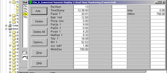 Screen shot of tower met data logger table