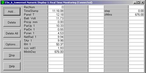 Screen shot of tower met data logger table