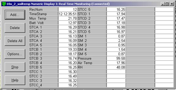 Screen shot of floor met data logger table