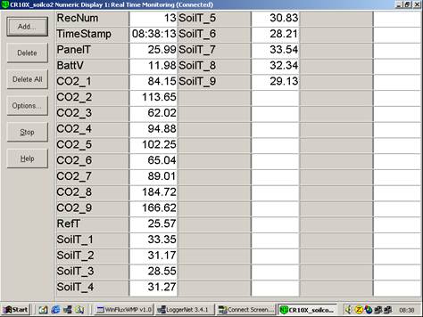 Screen shot of Vaira soil co2 data logger table