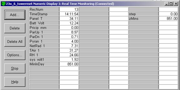 Screen shot of tower met data logger table