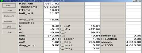 Screen shot of Vaira flux data logger table