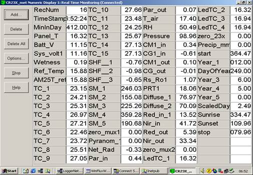 Screen shot of Vaira met data logger table