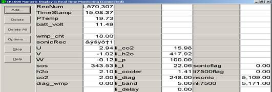 Screen shot of Vaira flux data logger table