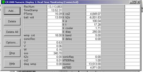 Screen shot of floor flux data logger table