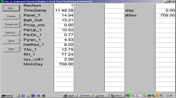 Screen shot of tower met data logger table