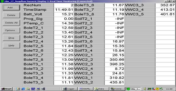 Screen shot of sap flow data logger table