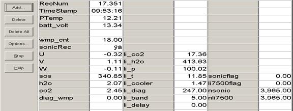 Screen shot of Vaira flux data logger table