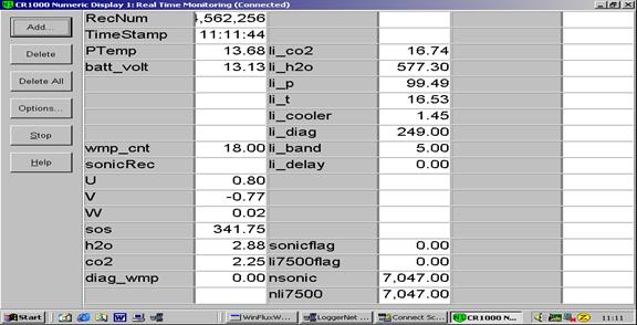Screen shot of floor flux data logger table