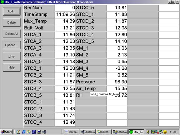 Screen shot of floor met data logger table