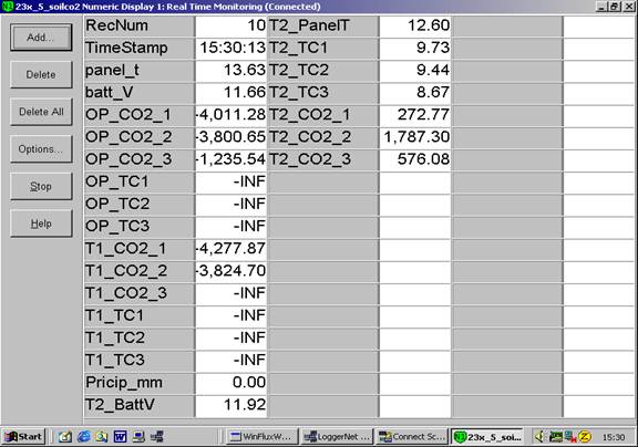 Screen shot of soil co2 data logger table