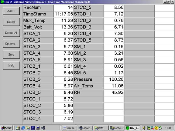 Screen shot of floor met data logger table