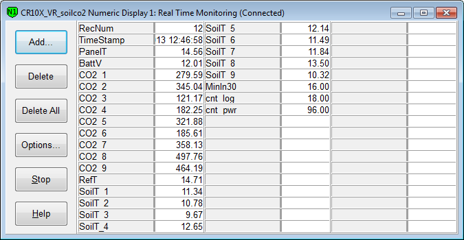 Screen shot of Vaira soil co2 data logger table