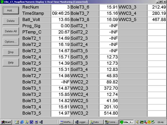 Screen shot of sap flow data logger table
