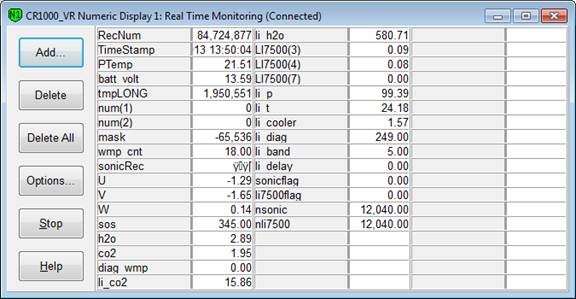 Screen shot of Vaira flux data logger table