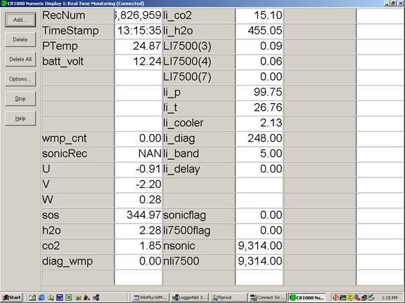 Screen shot of tower flux data logger table