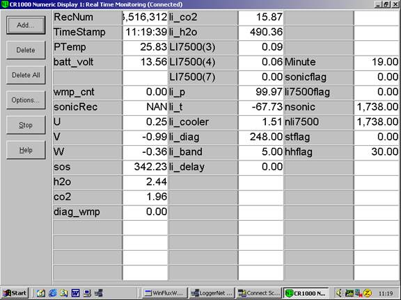 Screen shot of floor flux data logger table