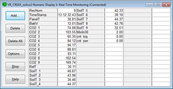 Screen shot of Vaira soil co2 data logger table