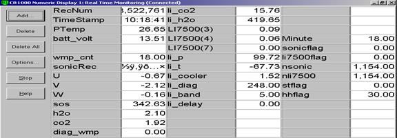 Screen shot of floor flux data logger table