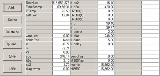 Screen shot of tower flux data logger table