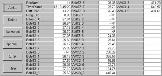 Screen shot of sap flow data logger table