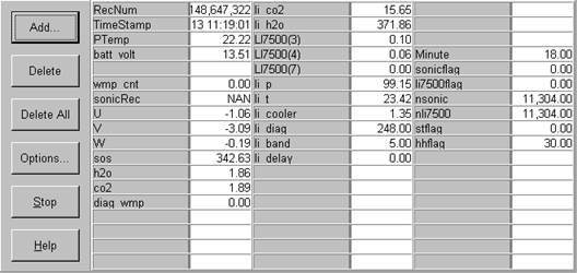 Screen shot of floor flux data logger table