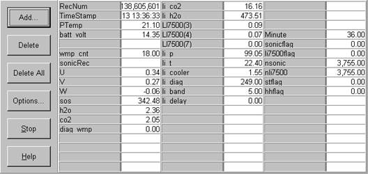 Screen shot of floor flux data logger table