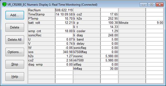 Screen shot of Vaira flux data logger table